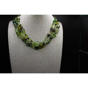 Vintage Three Strand‎ Green Glass Beaded Choker/Collar Necklace Toggle Closure